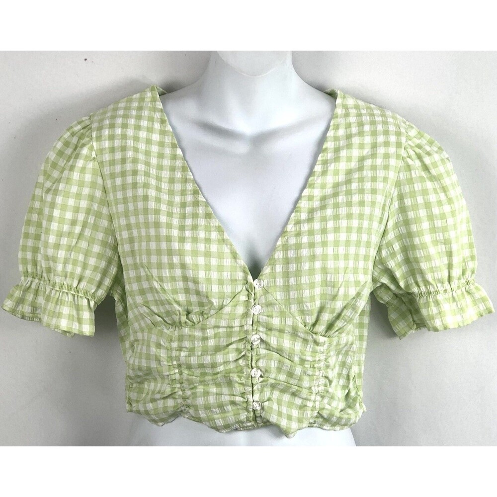 NWT cropped Peasant top L jr Green gingham Ruffle puff sleeve milkmaid cottage